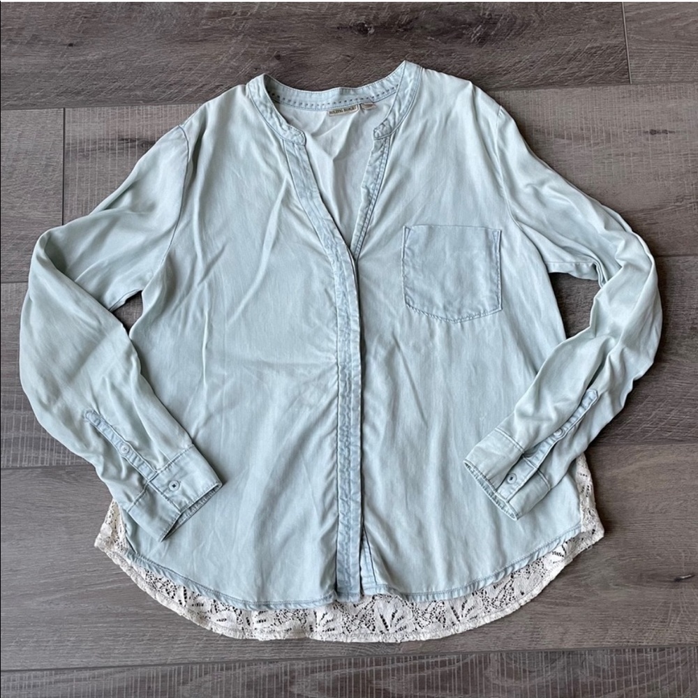 Anthropologie Holding Horses Chambray Button Down with Lace Details